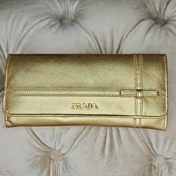 Prada | Bags | Prada Gold Leather Wallet With Metallic  display picture 1